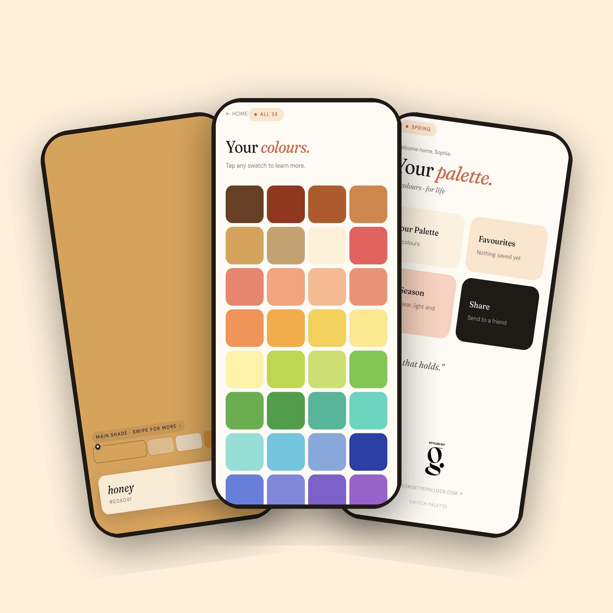 The Colour Wallet — three phones showing the palette, a single swatch, and the home screen